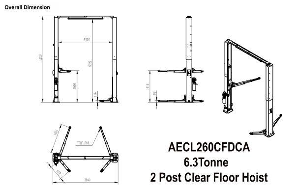 2 POST CLEAR FLOOR 6 TONNE HOIST SINGLE PHASE LIFT - AECL260CFDCA - Image 3
