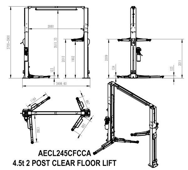 TWO POST HOIST CLEAR FLOOR 4.5 TONNE VEHICLE LIFT AECL245CFCCA - Image 2