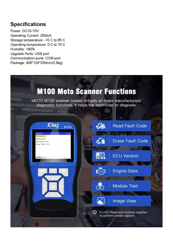 MOTORCYCLE SCANNER DTC AND CLEAR AND BATTERY TESTER M100